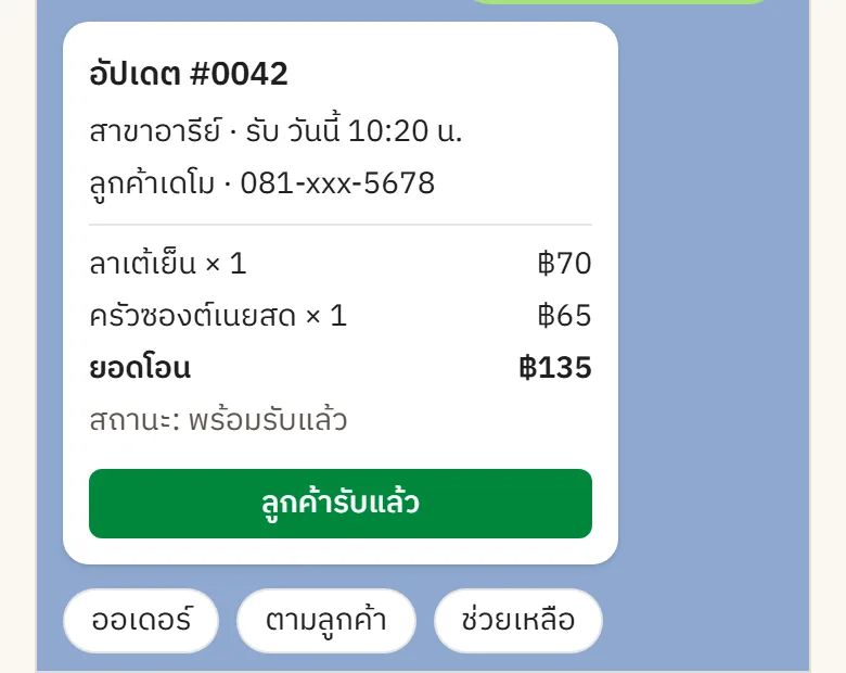 กลุ่มพนักงาน: การ์ดออเดอร์ที่มีปุ่มพร้อมรับ และปุ่มลูกค้ารับแล้ว